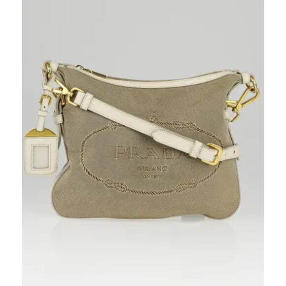 Vintage Prada Logo Jacquard Shoulder Bag Crossbody Womens Beige Italy BT0706 - Picture 1 of 16